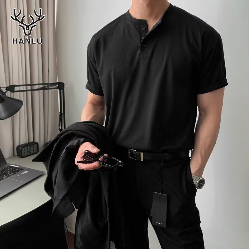 Hanlu áo thun cho nam tay ngắn cho áo sơ mi Polo nam đơn giản màu trơn mỏng mô hình mùa hè giản dị và sang trọng tay ngắn đen, tay ngắn trắng