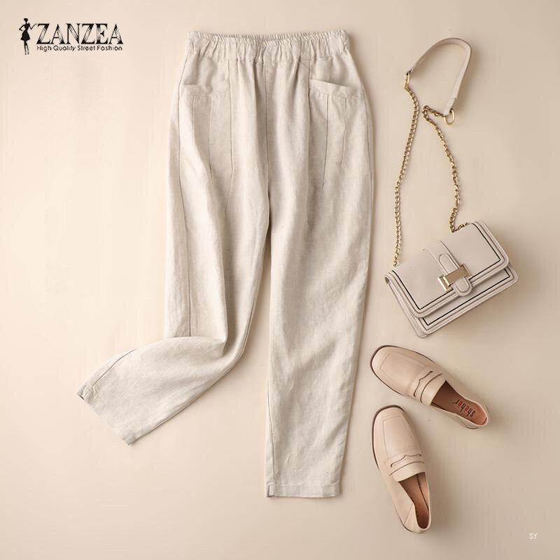【COD + Giao hàng nhanh】HijabFab ZANZEA Muslimah Quần Vải Lanh Cotton Cạp Cao Cho Nữ Quần Thiết Kế Mới Quần Thụng Có Túi Dáng Rộng Thường Ngày Quần Đáy