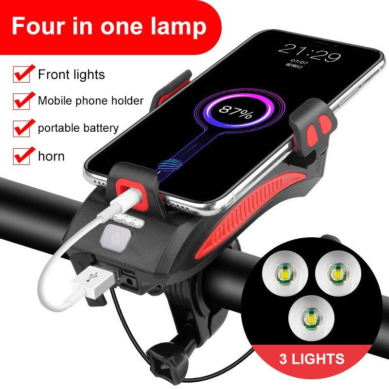 Phiên bản nâng cấp 4 trong 1 Đèn pin cho xe đạp Đèn pin cho xe đạp Còi báo động Chuông xe đạp Giá đỡ điện thoại cho xe đạp Phụ kiện xe đạp USB có thể sạc lại Đèn trước cho xe đạp
