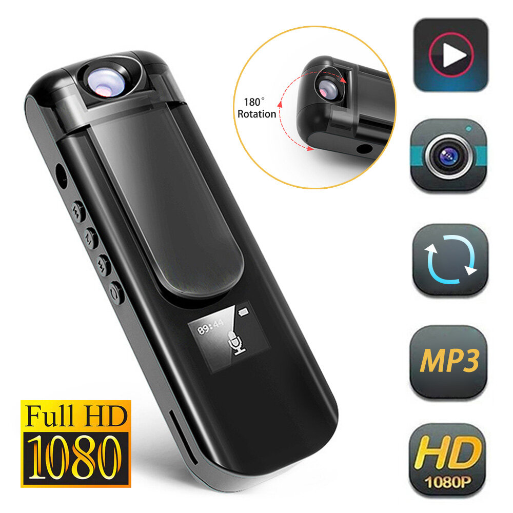 2 trong 1 máy ảnh đeo được máy nghe nhạc MP3 Thân máy camera 1080P HD Ghi âm thanh video 180 ° xoay ống kính máy quay phim mini