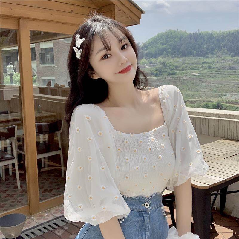 Áo Nữ Mới Một Vai Mùa Hè Áo Sơ Mi Ngắn Khí Chất Thêu Hoa Áo Sơ Mi Voan Ren Tay Áo Phụ Nữ Hàng Đầu Áo Sơ Mi Nữ Sinh