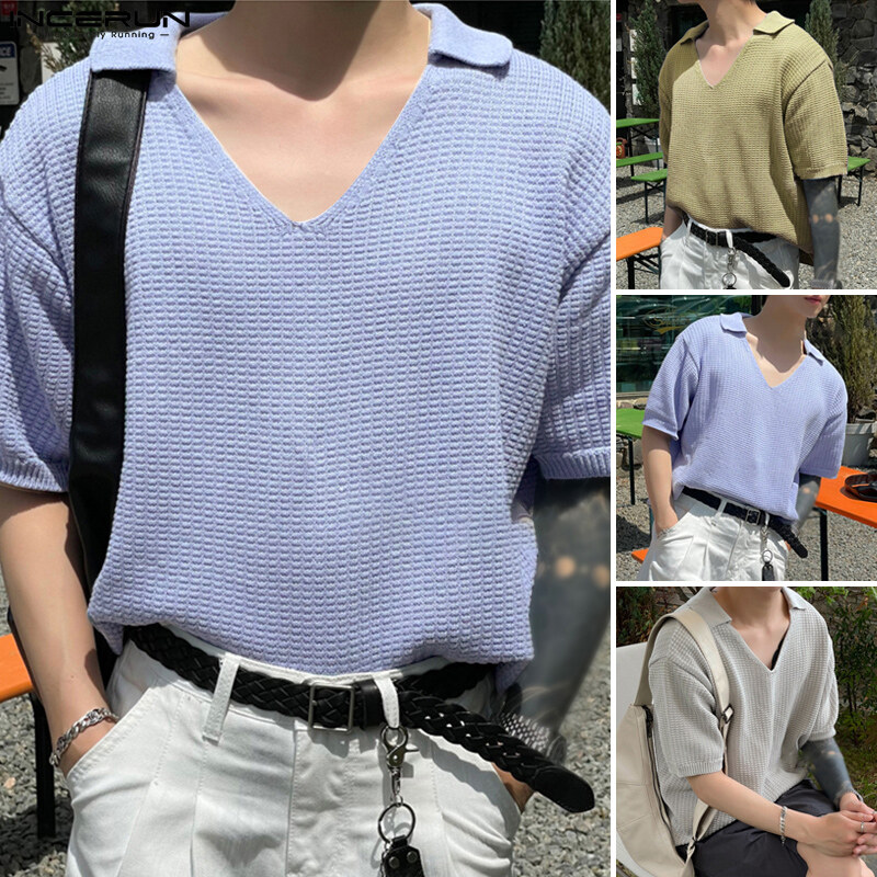 Beehoo nam hiệu incerun sơ mi áo khoác Blouse Màu Trơn hippy cổ chữ V ve áo mềm đơn giản (Phong cách Hàn Quốc)