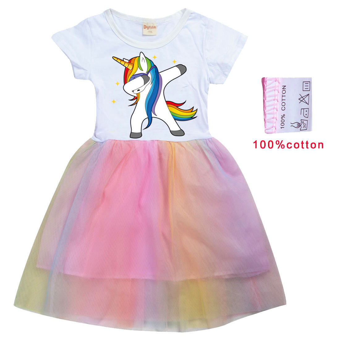 Rainbow Unicorn Girls Gauze Dress Kids Pure Cotton Casual Cartoon Mesh Dress 7229 Summer Short Sleeve Princess Flounced Dress - 2