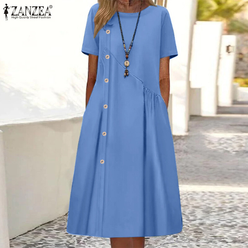 Zanzea đầm xòe chữ a cổ tròn ngắn tay nữ mùa hè đầm mini #15 váy xòe dạo biển