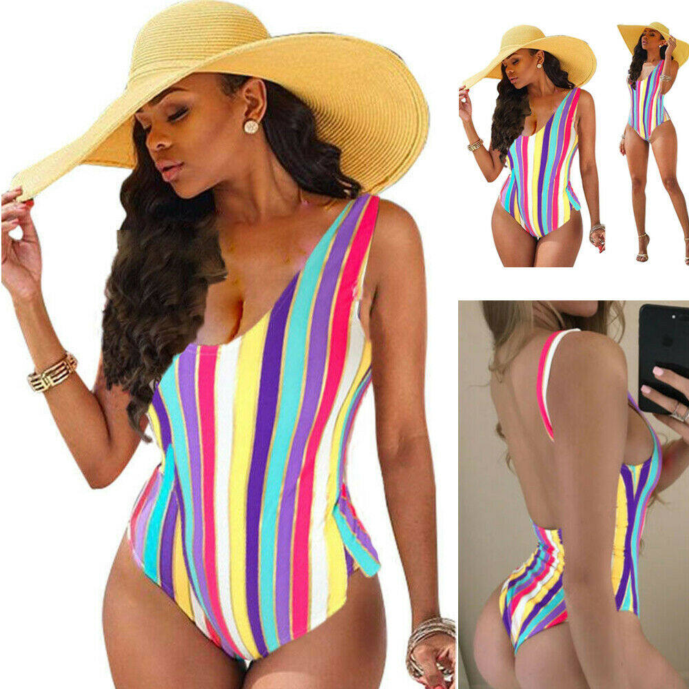 Moderntime Đồ Bơi Nữ Một Mảnh Phong Cách Tiktok Băng Quấn Nữ Sọc Màu, Đồ Bơi Bikini Không Độn, Đồ Bơi Bikini Tắm Sâu V