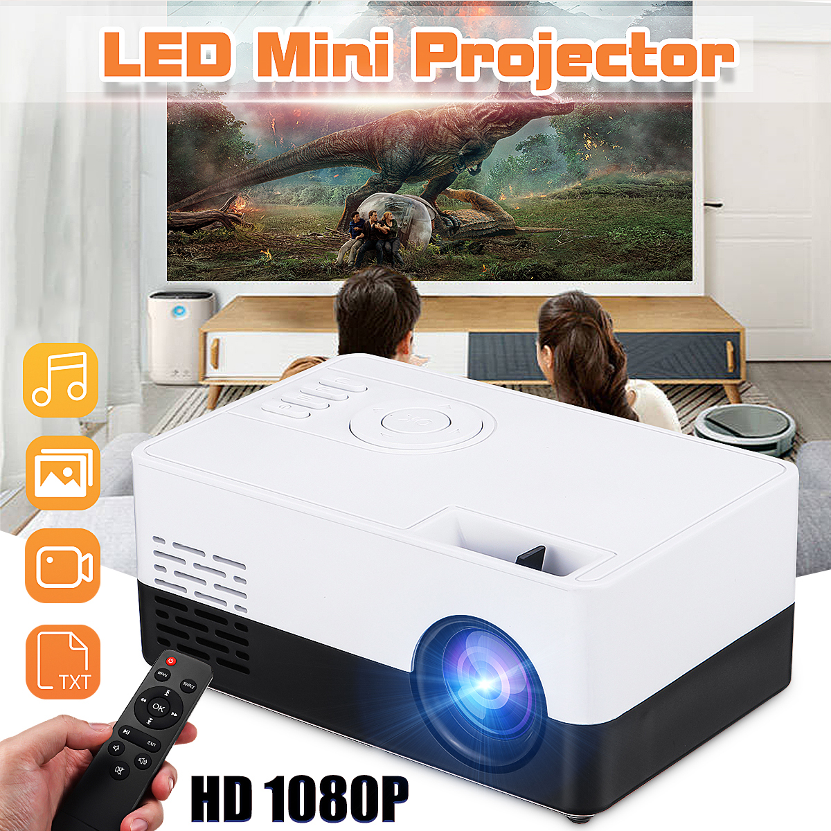 Máy chiếu mini cầm tay 1600 lumens, máy chiếu trình phát video đa phương tiện âm thanh hd 1080p tại nhà tương thích với av, usb, thẻ sd,