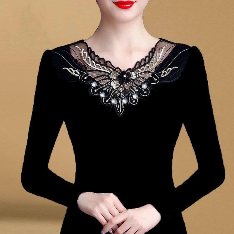 Hanasa Tay Áo Dài Áo Phụ Nữ Mùa Thu Đứng Cổ Áo Áo Thun Đen Công Việc Văn Phòng Áo Rắn Áo Blouse Cổ Điển Áo Sơ Mi