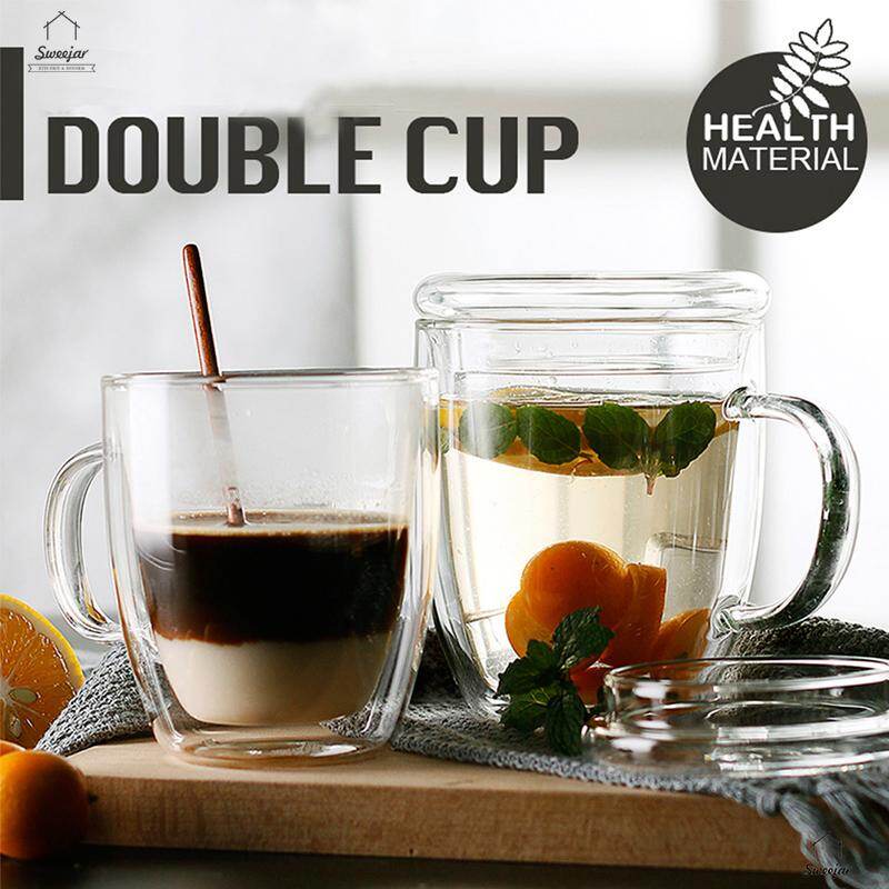 Cốc nước thủy tinh sweejar hai lớp, cốc cà phê cách nhiệt có nắp đậy, đồ uống chịu nhiệt, trà Latte, dùng cho gia đình, văn phòng, 350ml/475ml