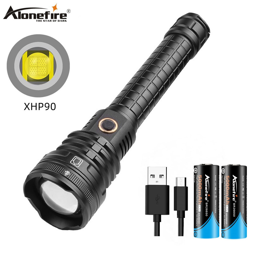 Alonefire Đèn Pin LED Xlamp XHP90 Sáng Nhất H49, Đèn Pin Siêu Mạnh USB 26650 Không Thấm Nước Zoom Đèn Pin