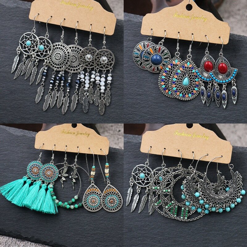 Bông Tai Tua Rua 3 Mảnh Vintage Vintage Bông Tai Mặt Dây Chuyền Mới Trang Sức