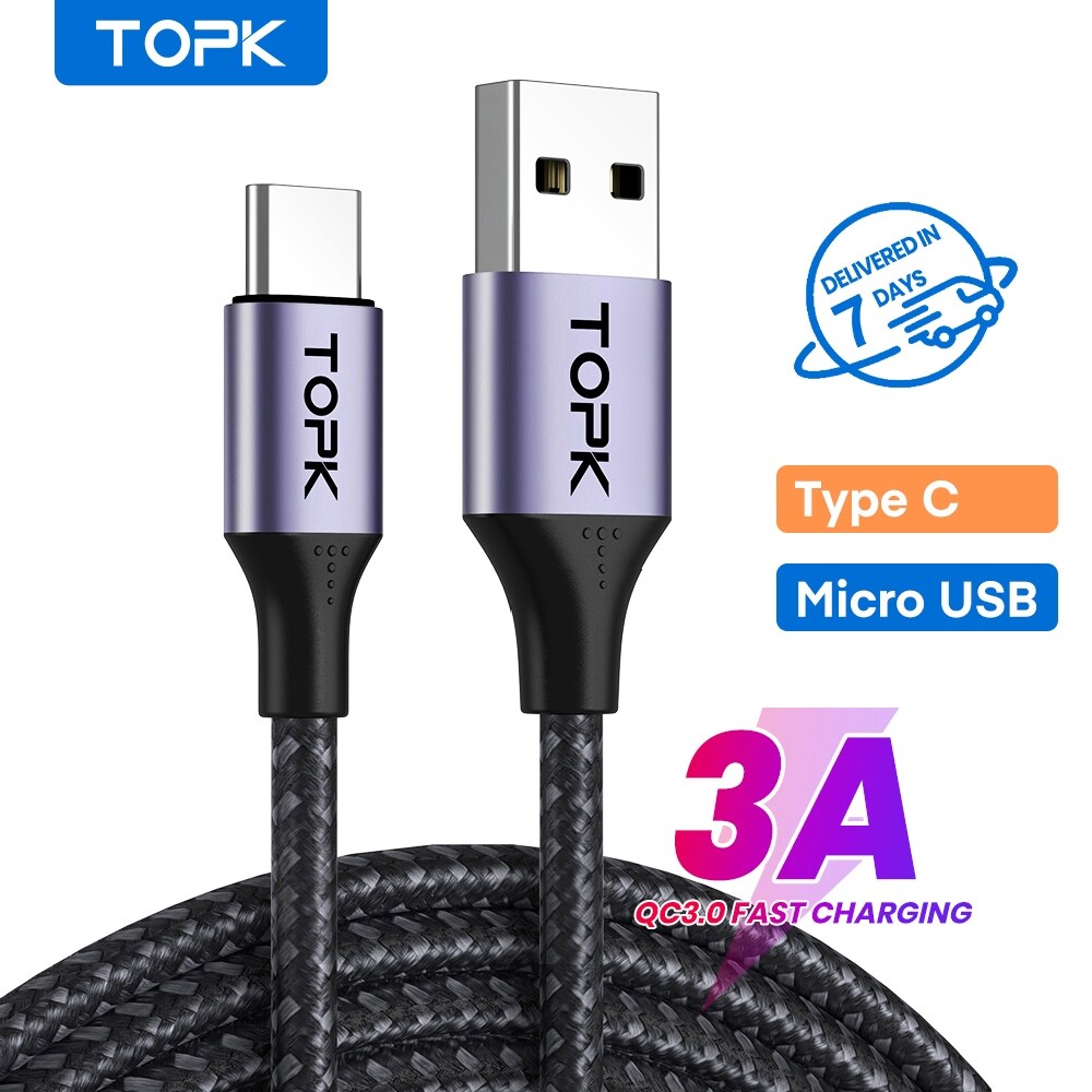 Topk 3a cáp micro usb type c cáp sạc điện thoại cáp sạc điện thoại di động sạc nhanh dây cho xiaomi redmi note 10 an10