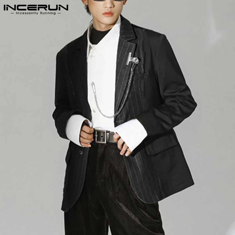 (Phong Cách Hàn Quốc) INCERUN Áo Blazer Nam Kẻ SọC Áo Khoác Dáng Rộng Cổ Ve Áo Dài Tay Áo Khoác Một Hàng Khuy