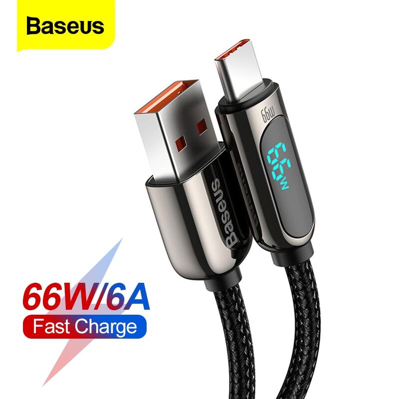Baseus 66w cáp usb loại c 6a led sạc nhanh dây sạc cho huawei p40 xiaomi mi 10 samsung s20 cáp điện thoại usbc dữ liệu