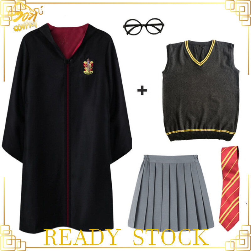 Áo Choàng Hóa Trang Halloween Harry Potter Áo Len Váy Tie Kính, Trang Phục Unisex Cho Người Lớn Trẻ Em, Áo Choàng Ma Thuật Lớn Màu Đen
