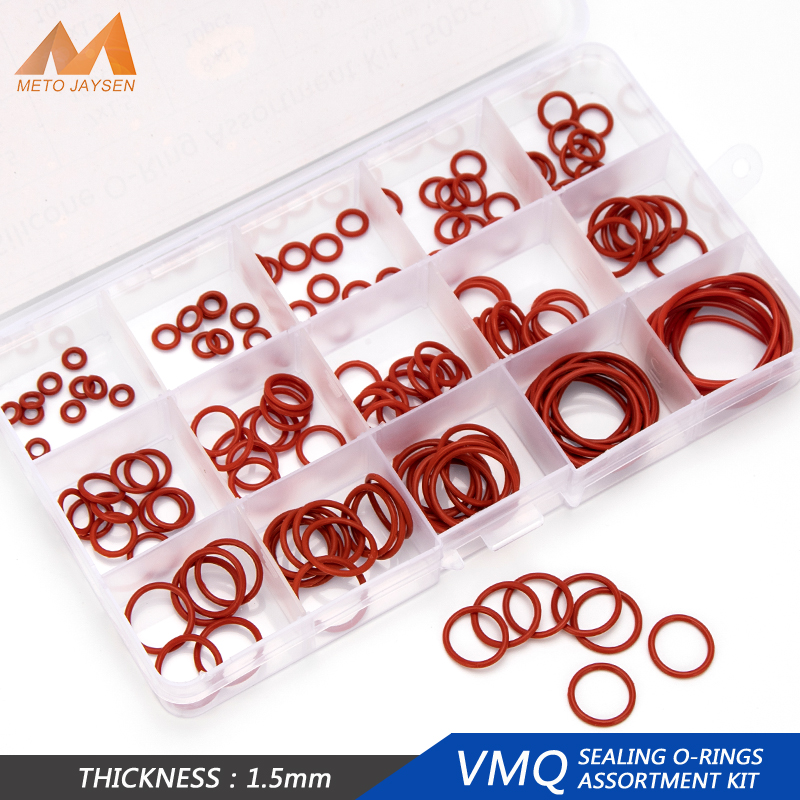 Đỏ Silicone vmq ORING 150 cái/hộp 1.5mm Độ dày kích cỡ khác nhau máy giặt niêm phong Kit hg013