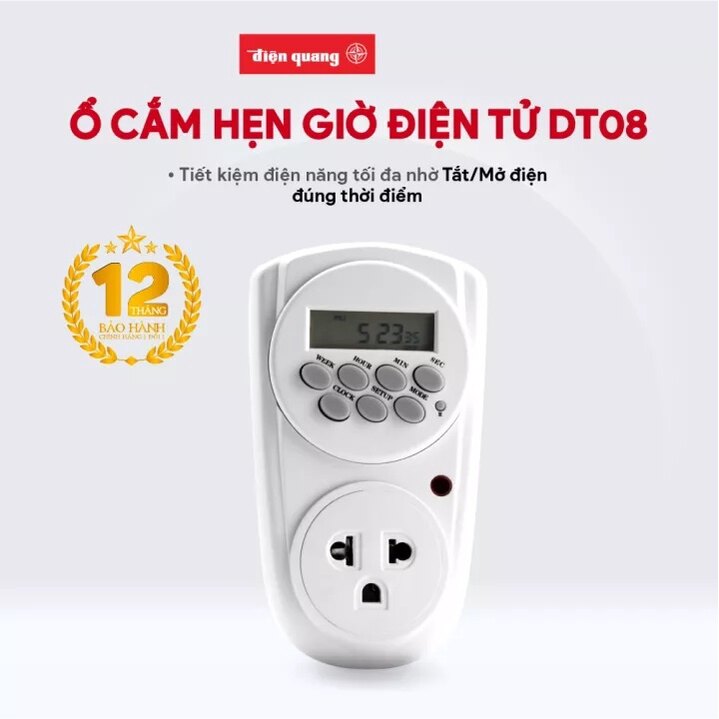 Ổ cắm hẹn giờ điện quang đq esk dt08 w 13 - điều chỉnh điện tử - 1 lỗ 3 chấu - màu trắng