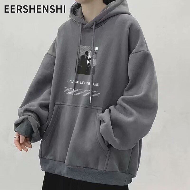 Eershenshi áo len nam áo hoodie rộng áo len ngoại cỡ vải nhung và dày