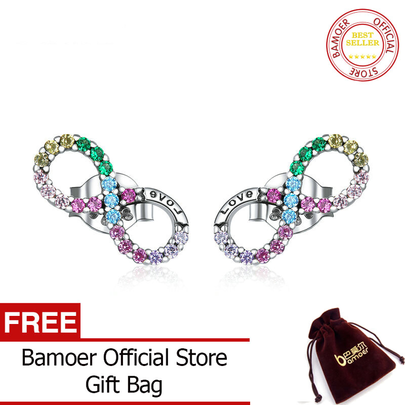 BAMOER Bông Tai Dạng Hạt Tình Yêu Vô Hạn Màu Sắc Cầu Vồng Bằng Bạc Ý 925 Thật Cho Nữ Quà Tặng Bé Gái Mới SCE893