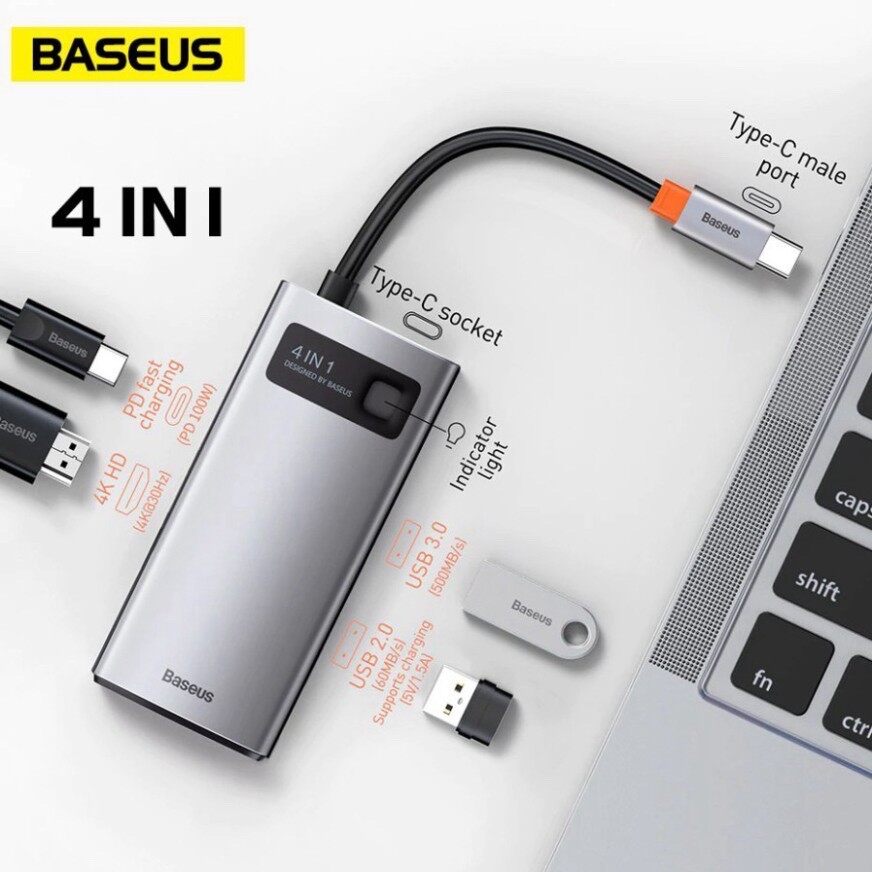 Cáp chuyển hub baseus 4 in 1 type c ra 2 usb , hdmi và cổng sạc pd type c 100w