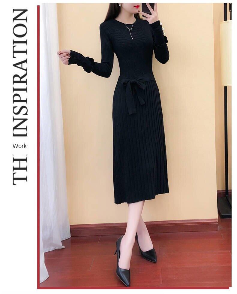 2020 spring new women's long knitted dress long sleeve sweater dress autumn and winter base wool skirt