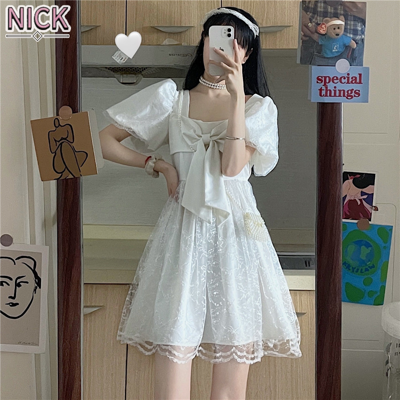 Đầm nữ nick cổ vuông tay ngắn phối nơ phối lưới ngọt ngào cho nữ