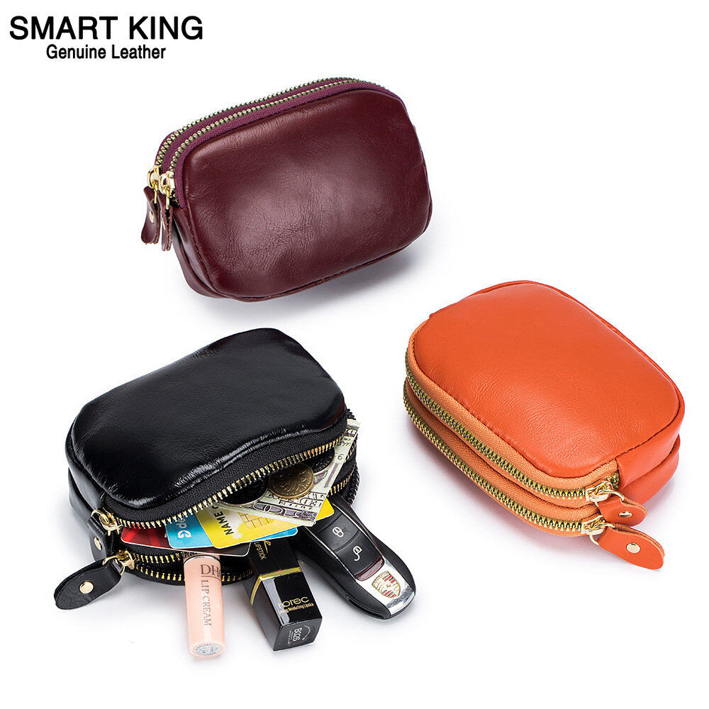 Smart king ví đựng tiền xu khóa kéo đôi hoài cổ mới cho nữ túi chìa khóa đơn giản thời trang da bò thật ví đựng thẻ đa năng