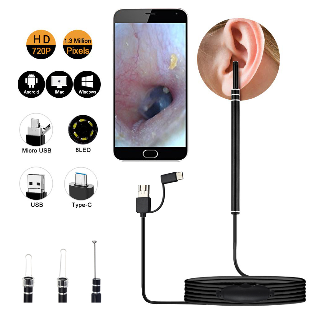 Ống nội soi vệ sinh tai 2 trong 1 usb hd ống soi tai trực quan 5.5mm máy ảnh mini android pc dụng cụ soi tai ống soi tai