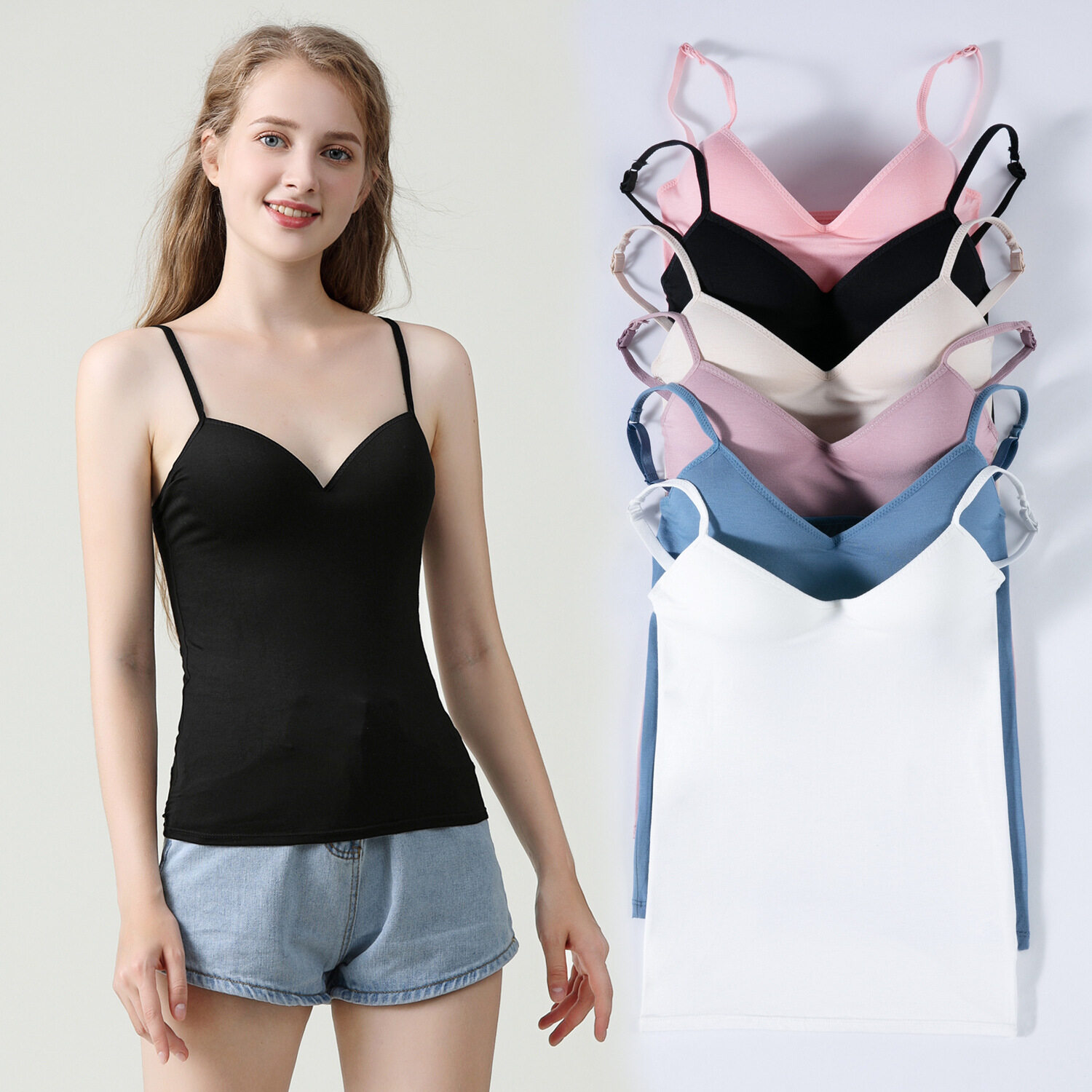 Women Padded Bra Tank Top Adjustable Strap Ladies Home wear Modal Cotton  Solid Color Vest Female Summer bottoming shirt Camisole Top Korean Style
