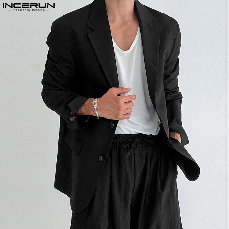 INCERUN Áo Khoác Blazer Cổ Ve Áo Tay Dài Cho Nam Áo Khoác Đi Nghỉ Trang Trọng Thường Nhật Áo Khoác Ngoài (Phong Cách Hàn Quốc)