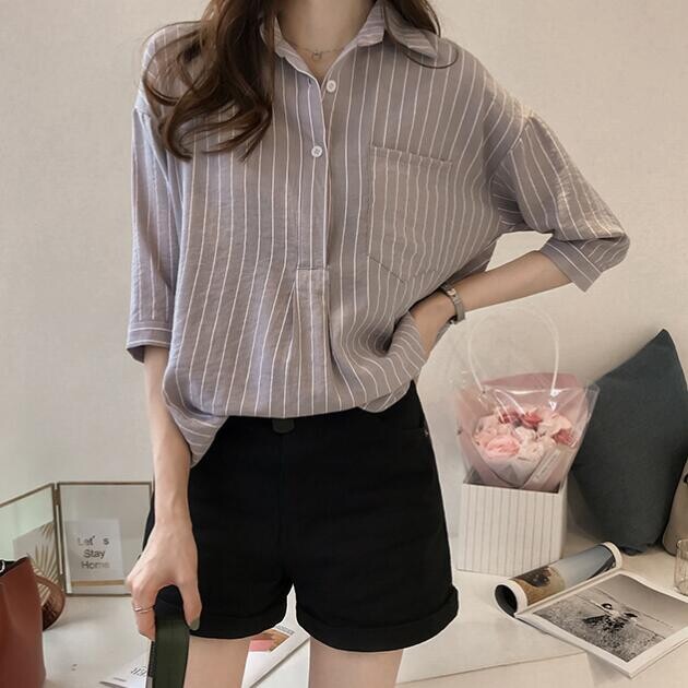M-4XL Áo Sơ Mi Nữ Sọc Ngắn Tay Phong Cách Hàn Quốc Ngoại Cỡ, Áo Cánh Rộng Thường Ngày