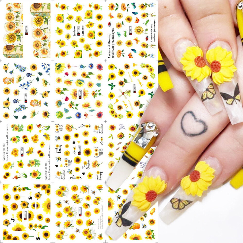WAFFLE 12 cái Hoa hướng dương Phụ kiện hình xăm Lá cây Hình dán hoa mùa xuân Hình dán nghệ thuật móng tay Đề can chuyển nước Tự làm móng nghệ thuật