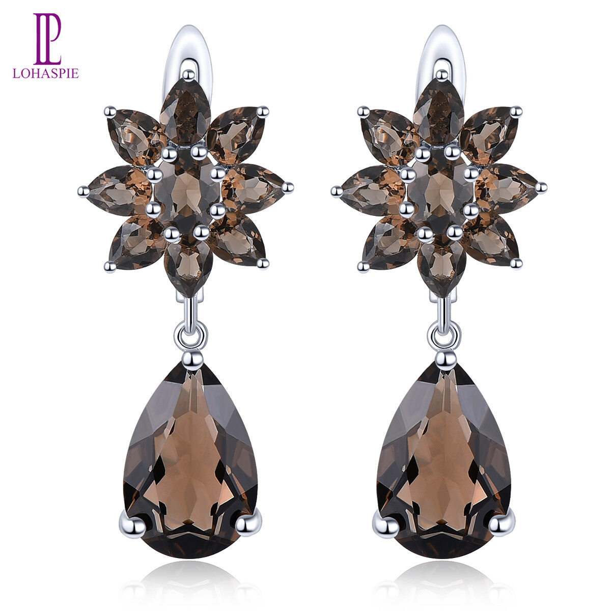 Bông tai bạc sterling thạch anh khói tự nhiên, pha lê, lê, phong cách cổ điển, trang sức