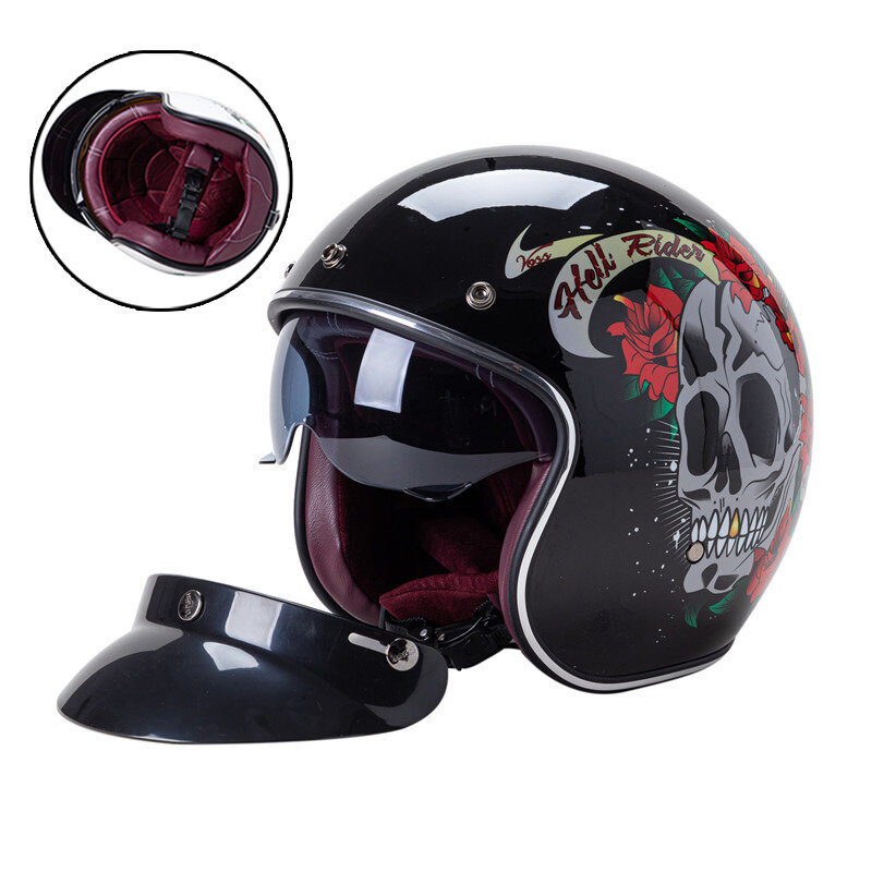 Mũ bảo hiểm xe máy Harley nửa mặt có kính chắn gió chấm bi màu đen/trắng cho nam nữ