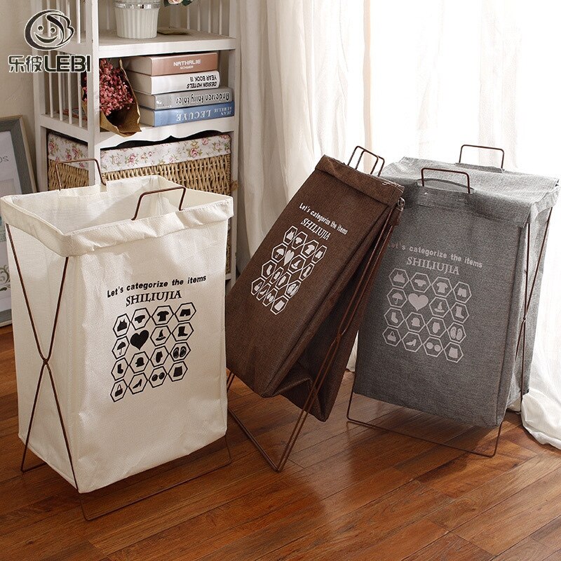 Lebi giỏ đựng đồ giặt bằng vải lanh và cotton không thấm nước giỏ đựng quần áo bẩn giỏ đựng quần áo giỏ đựng quần áo bẩn gấp được bằng vải giá đỡ sắt đơn giản phong cách nhật bản