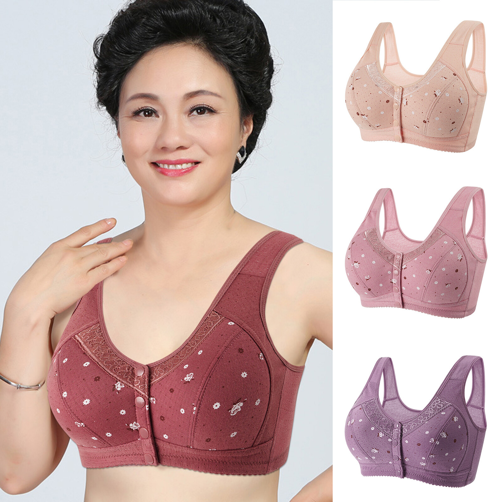 Plus Size Flower Print Wire Free No Pads Nursing Bra Mid-aged Mom Open Front Vest Brassiere Simple Women Brassiere