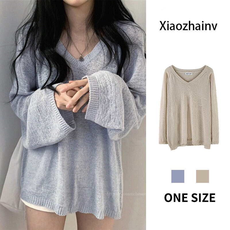 Xiaozhainv Áo Len Dài Tay Cổ Chữ V Dáng Rộng Màu Trơn Phiên Bản Hàn Quốc Cho Bé Gái Hàn Quốc, Giản Dị Phụ Nữ Hàng Đầu