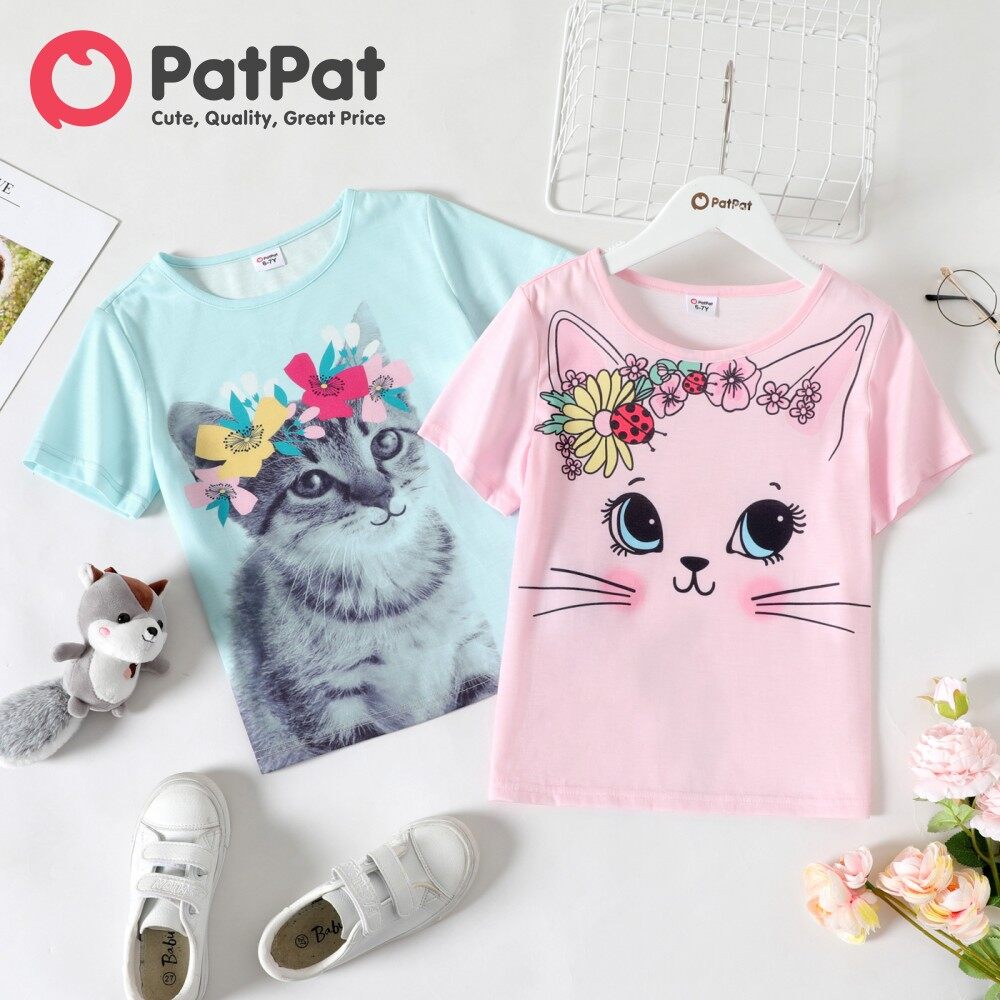 PatPat Kid Girl Animal Cat Floral Print Short-sleeve Tee