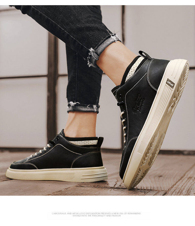 CARTELO shoes mens spring trend versatile high-ankle leather casual shoes mens waterproof and hard-wearing Hight increasing board shoes