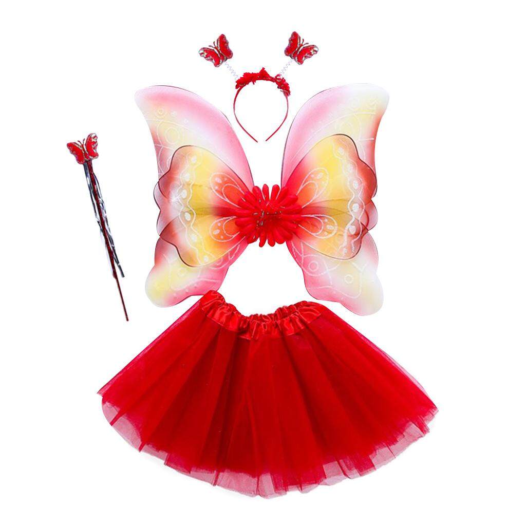 4Pcs เครื่องแต่งกายหญิง Fairy ชุดสายรุ้งปีกผีเสื้อชั้น Tulle Tutu กระโปรง Wand Headband Princess Halloween PARTY 3 -8T