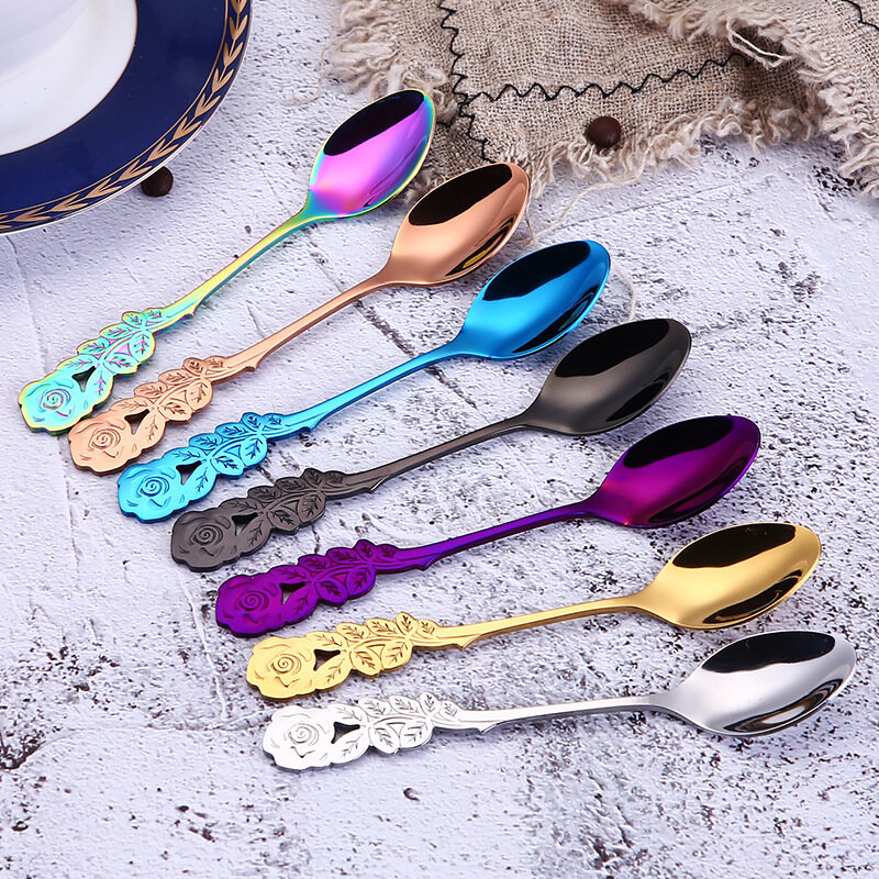 SHOOTHE Muỗng Khuấy Tay Cầm Dài Muỗng Cà Phê Muỗng Cà Phê 1 Bộ Đồ Ăn Nhà Bếp Đẹp Quà Tặng Hình Hoa Hồng Bằng Thép Không Gỉ 410 Đa Năng