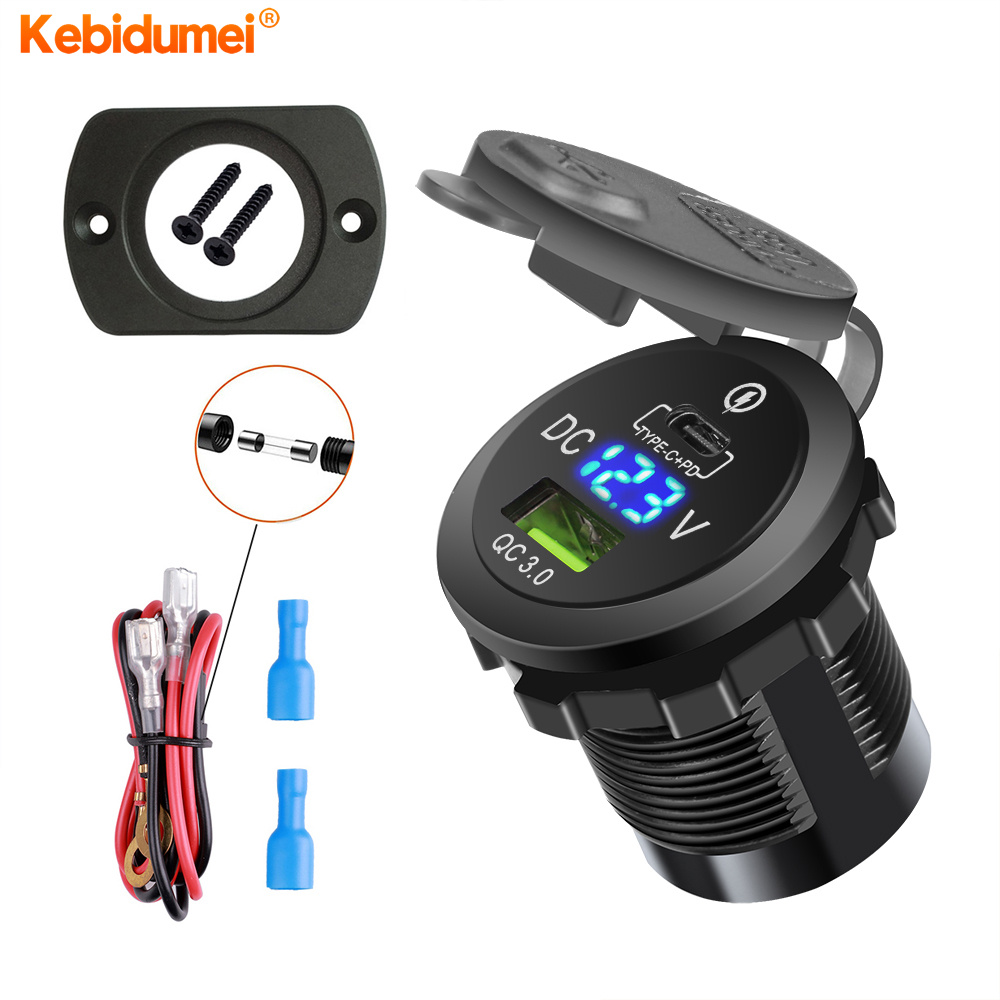 Kebidumei Car Charger USB+PD 3.0 12-24V Quick Chargers Socket With LED Voltmeter And 60 CM Cable For Car Motorcycles ราคา 147 บาท*ส่งฟรี