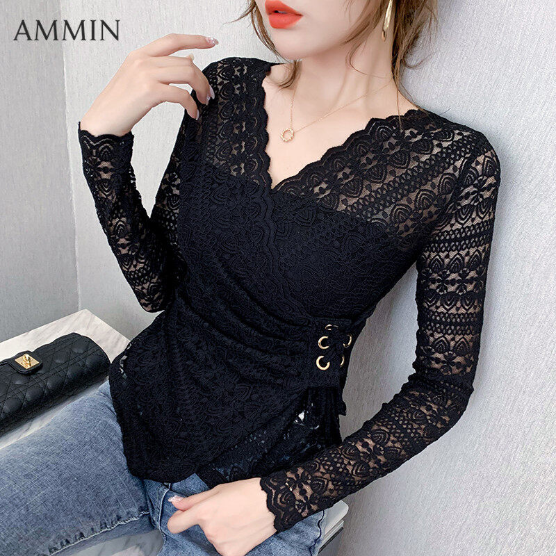 AMMIN Áo Ren Ôm Dài Tay Mùa Thu 2020 Dây Buộc Cổ Chữ V Gợi Cảm Cho Nữ Áo Cánh Thời Trang Áo Sơ Mi Thường Ngày Mới