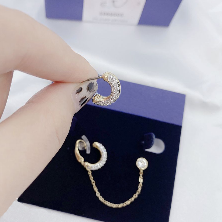 Swarovski Time Pierced Earrings Asymmetrical Golden Half Round Ear Cuff