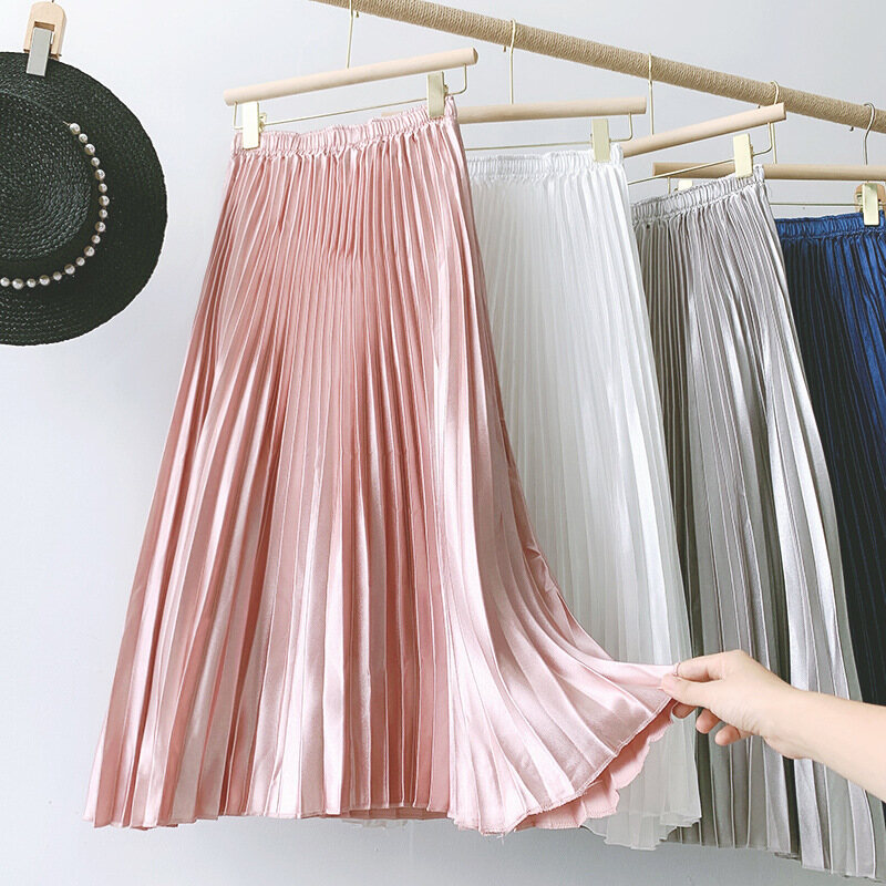 Eo Cao Satin Ánh Kim Màu Xếp Li Váy Dài Giữa Váy Chữ A