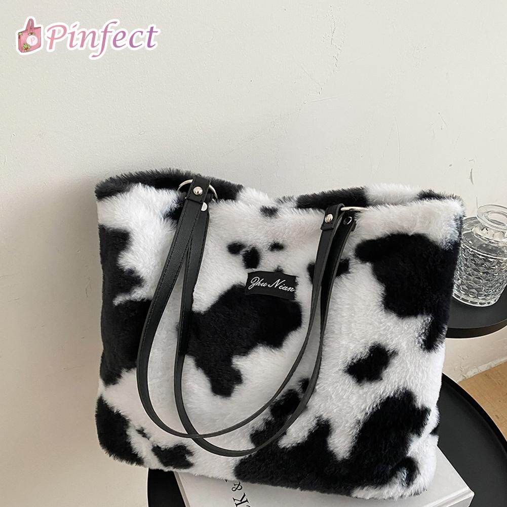 [Pinfect] Túi Xách Họa Tiết Động Vật Ngựa Vằn Bò Sữa Cổ Điển Thời Trang Túi Đeo Vai Nữ Bằng Vải Nhung Lông Sức Chứa Lớn Totes Giản Dị