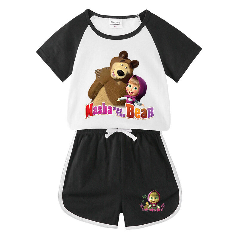 Masha and The Bear Girls Boys Short Sleeve T-shirt/Pajamas Shorts Cute Sport Casual T-Shirt Shorts Summer Pajama Kids Clothing