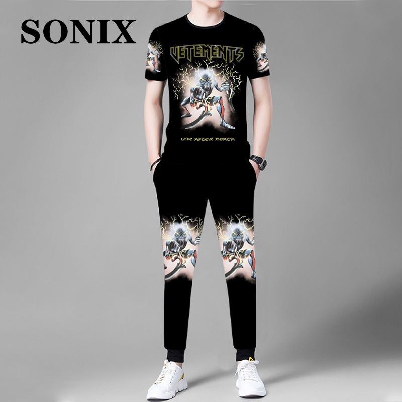 SONIX สองชิ้นฤดูร้อนใหม่ผ้าไหมสั้นเสื้อยืดผู้ชายชุด3D พิมพ์สัตว์ Tiger รูปแบบหมาป่ากีฬาและพักผ่อนอินเทรนด์ผู้ชาย2ชิ้น