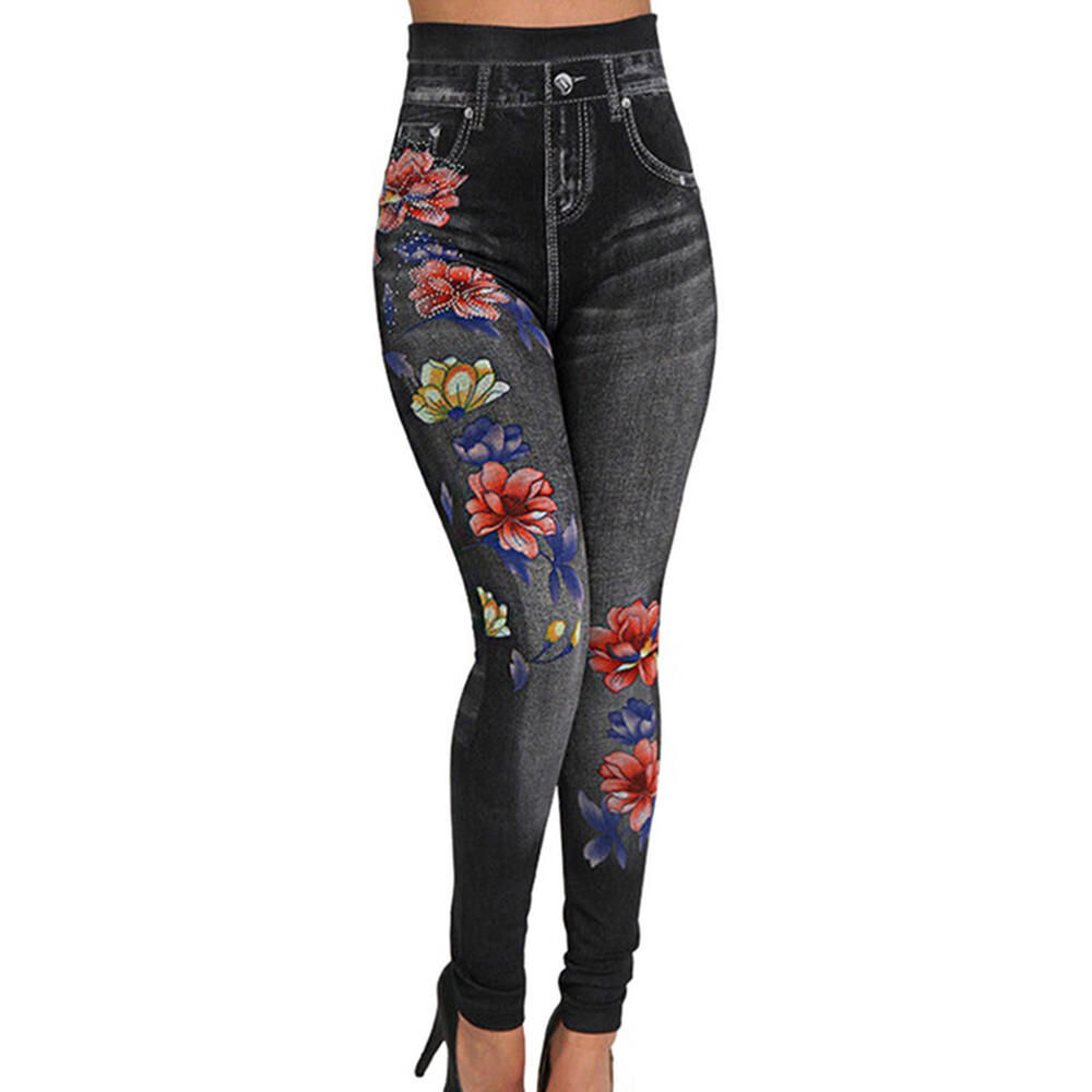 Sommer Leggins Ống Hoher Bund Strass Steine Blumen Jeans Quần Legging In Rose