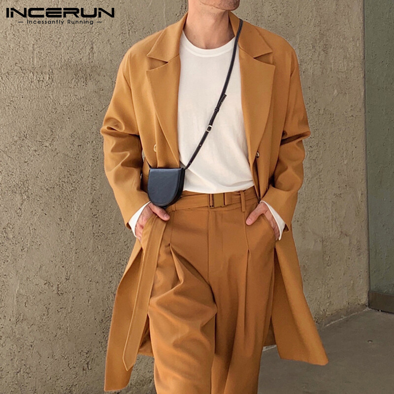 (Phong Cách Phương Tây) INCERUN Áo Paca Dài Tay Cho Nam Áo Khoác Dáng Dài, Áo Khoác Gió Hai Hàng Khuy Outwear