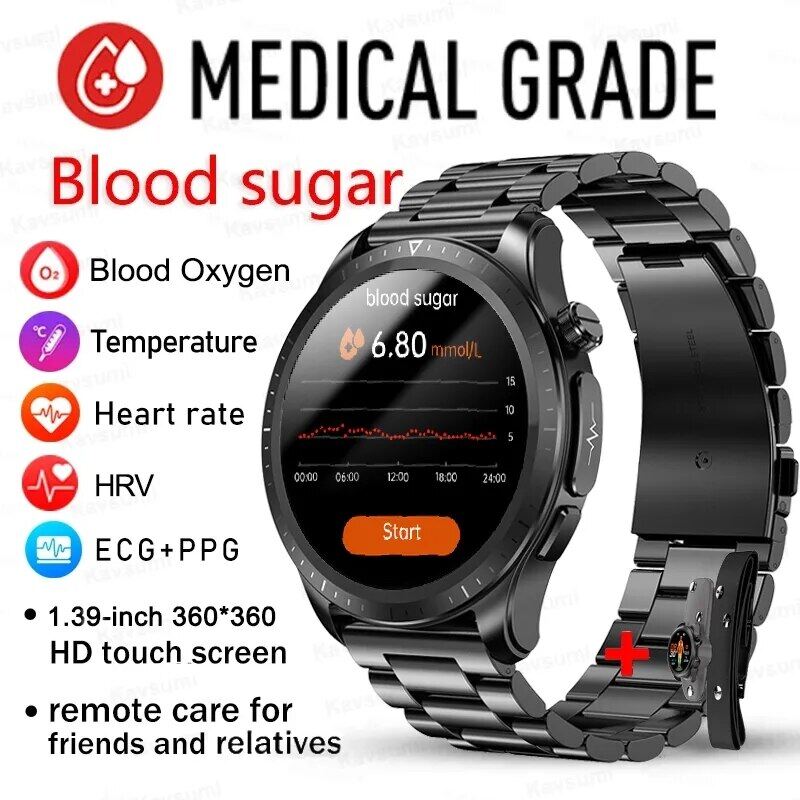 2024 Đồng hồ thông minh Glucose máu mới HD Màn hình cảm ứng lớn ECG Smartwatch Giám sát glucose không xâm lấn